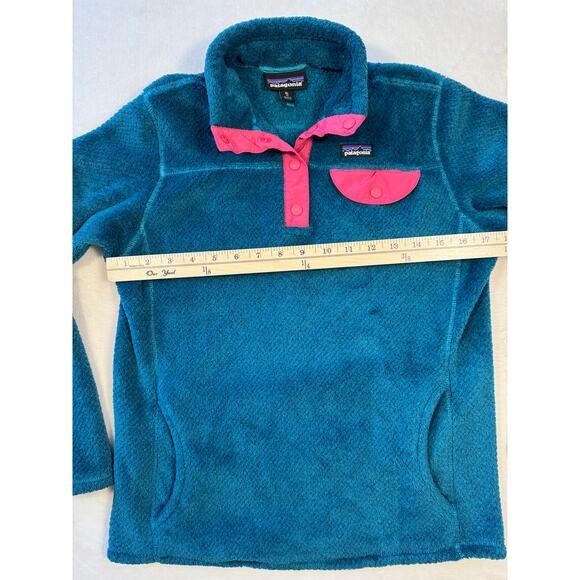 Patagonia Girls Snap T Fleece Pull Over Jacket Sweatshirt Fuzzy Green Pink XL 14 - Picture 6 of 6